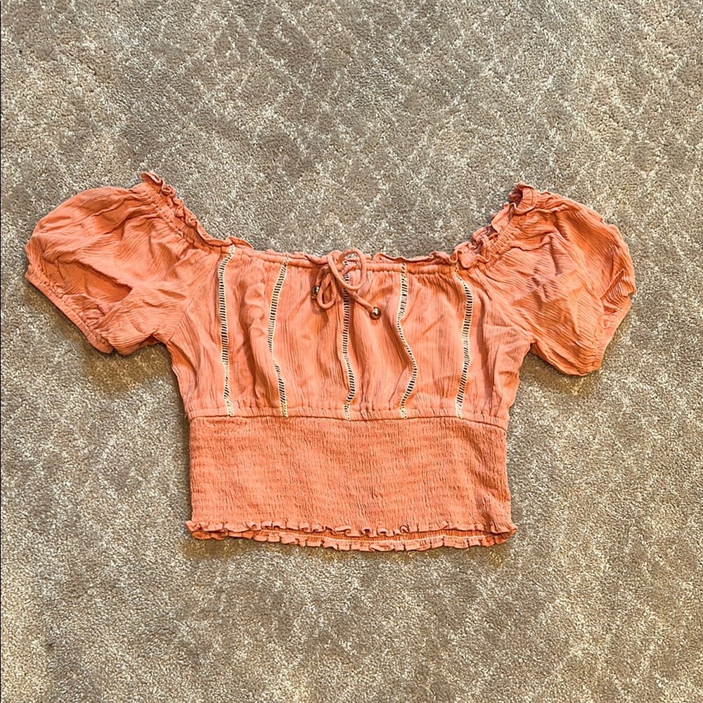 Olivaceous Orange Puff Sleeve Smocked Crop Blouse